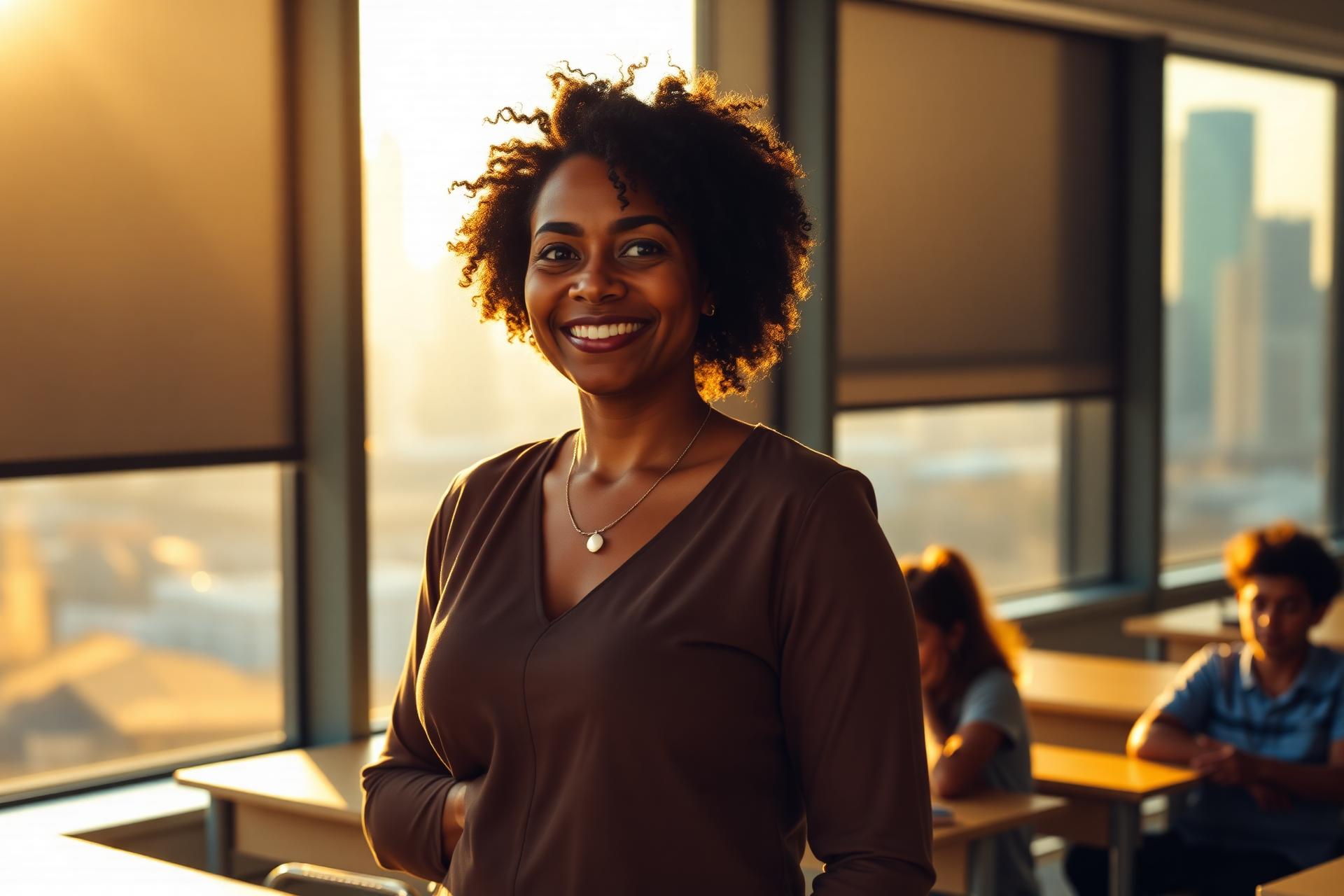 International teacher in a classroom overlooking a global city skyline at golden hour